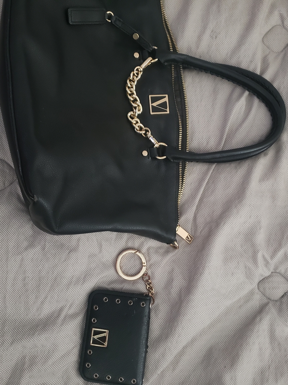 Victorias' Secret Black Tote Bag with matching wallet- Gold Chain Detail